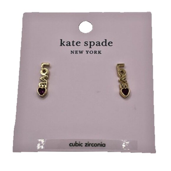 Kate Spade Love & Heart Stud Earrings Ruby Red Gold Tone Mini Studs Jewelry Gift - Picture 3 of 5